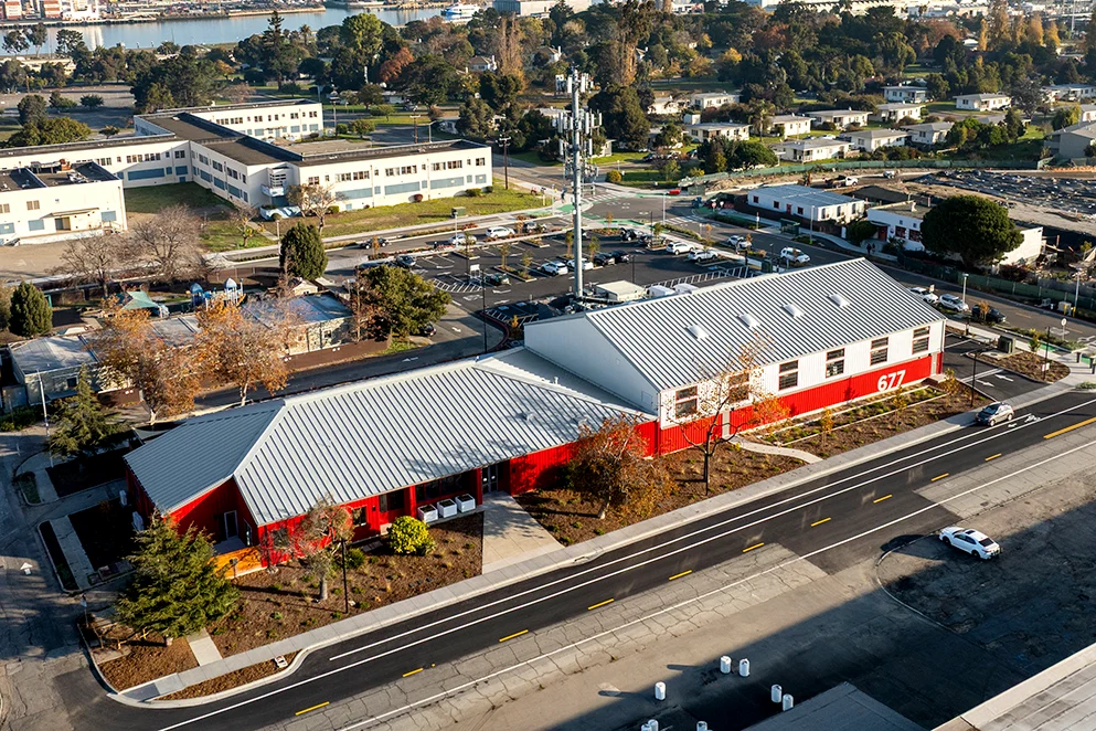 Aerial view, New construction and electrical improvements at Alameda Food Bank in Alameda, CA, design-build by Elson Electric